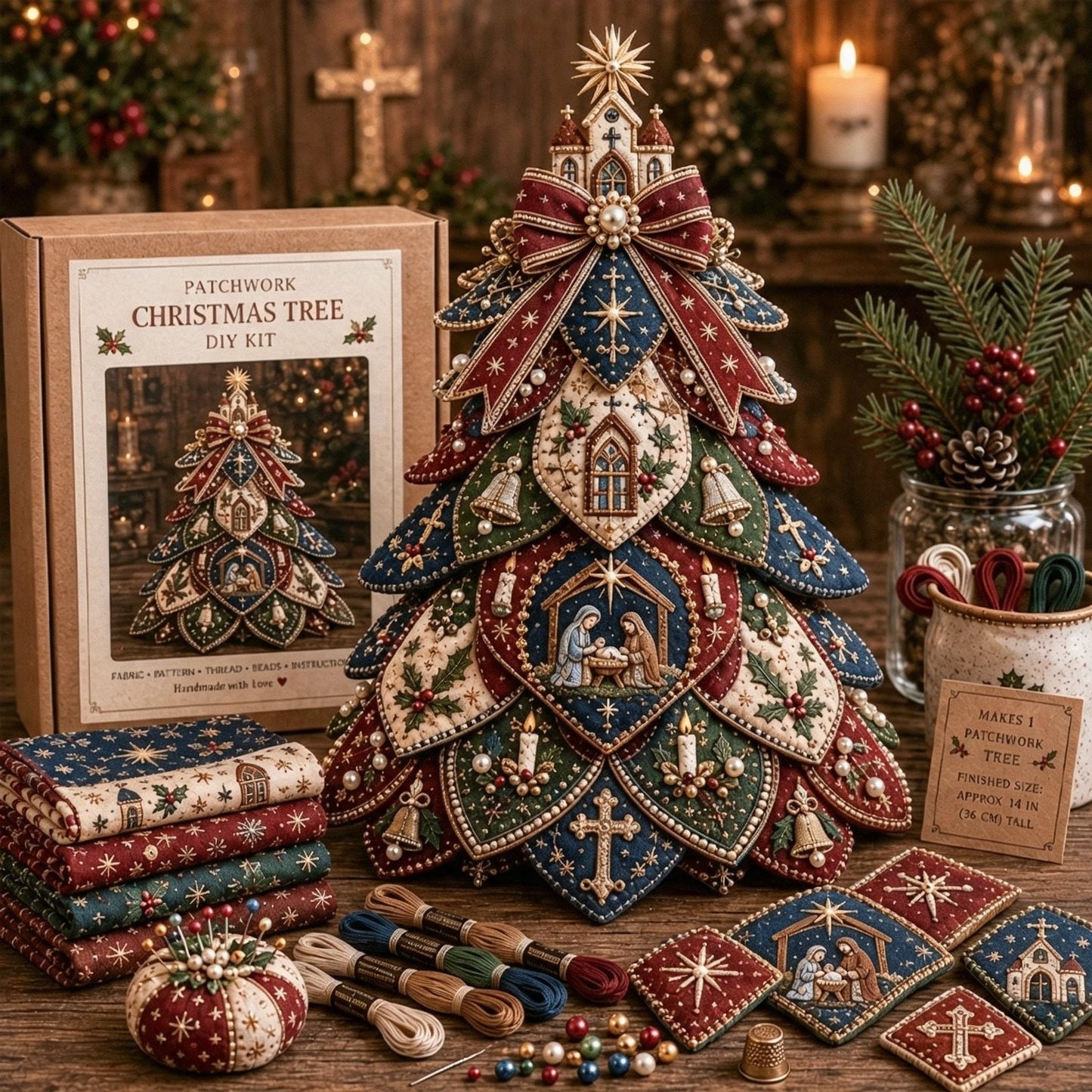 ✝️ Beginner-Friendly Tree of Faith 3D Quilted Christmas Tree Sewing Kit | Complete Kit with Coordinated Fabrics, Beads & Step-by-Step Guide Included 💕
