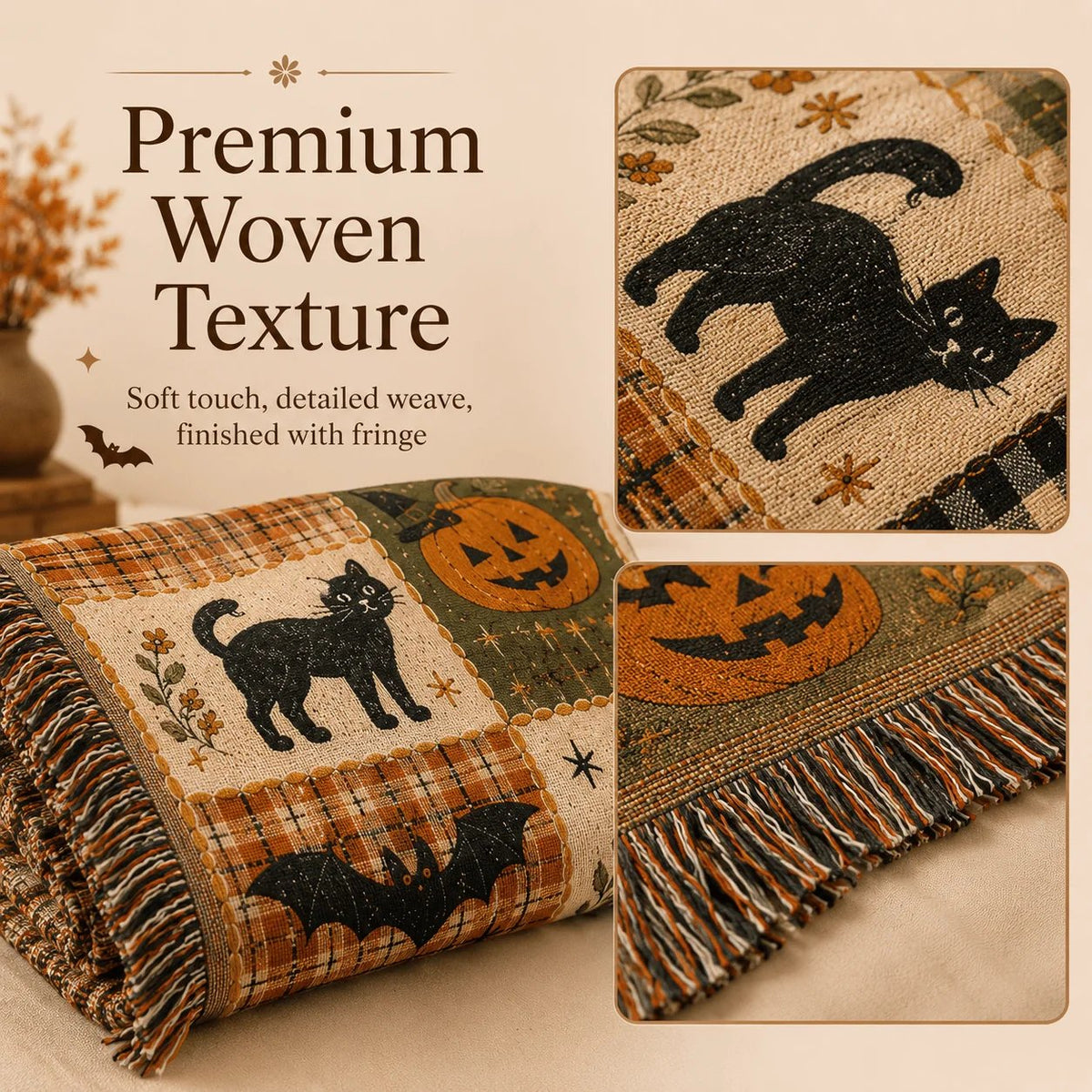 🎃 Vintage Halloween Jacquard Woven Throw Blanket with Fringe