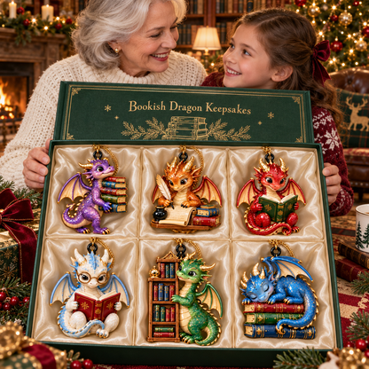 Bookish Dragons – 6-Piece Christmas Keepsake Ornament Set for Book Lovers