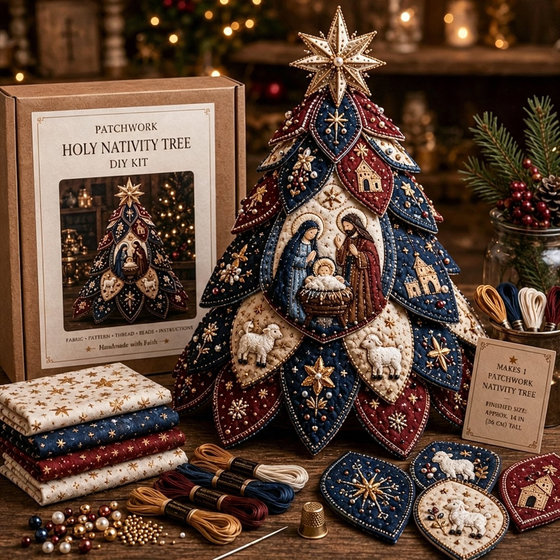 ✝️ Beginner-Friendly Tree of Faith 3D Quilted Christmas Tree Sewing Kit | Complete Kit with Coordinated Fabrics, Beads & Step-by-Step Guide Included 💕