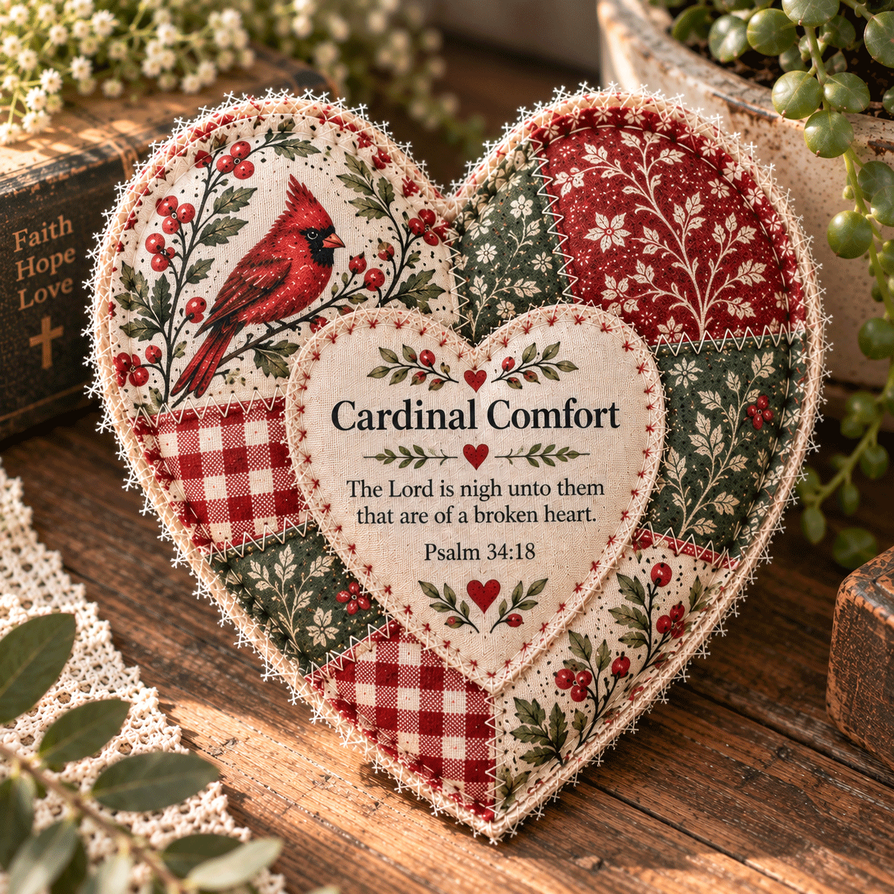 ❤️ Faith & Comfort Patchwork Heart Decor – Scripture-Inspired Keepsake