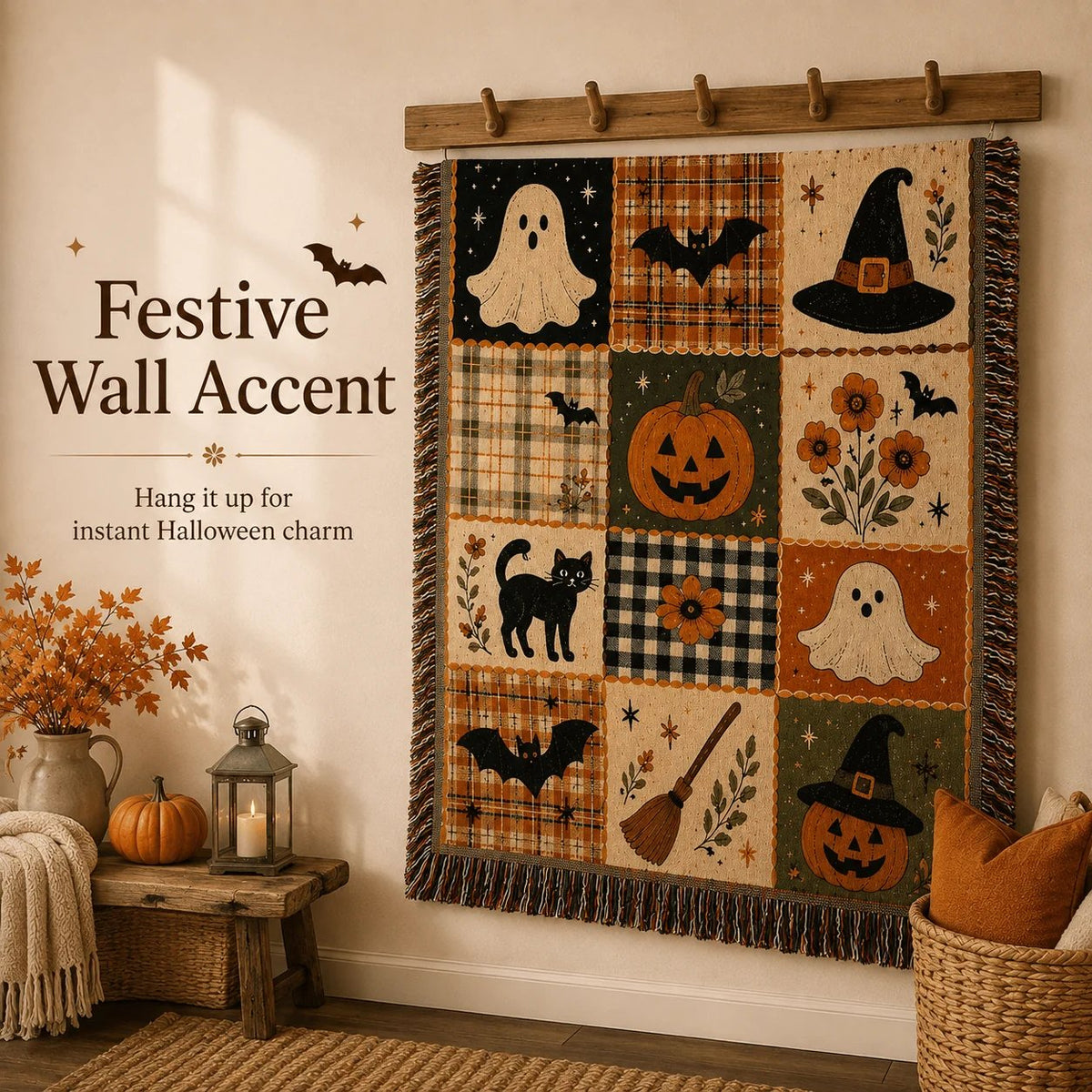 🎃 Vintage Halloween Jacquard Woven Throw Blanket with Fringe