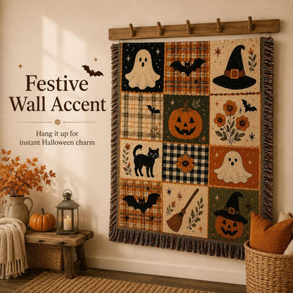 🎃 Vintage Halloween Jacquard Woven Throw Blanket with Fringe
