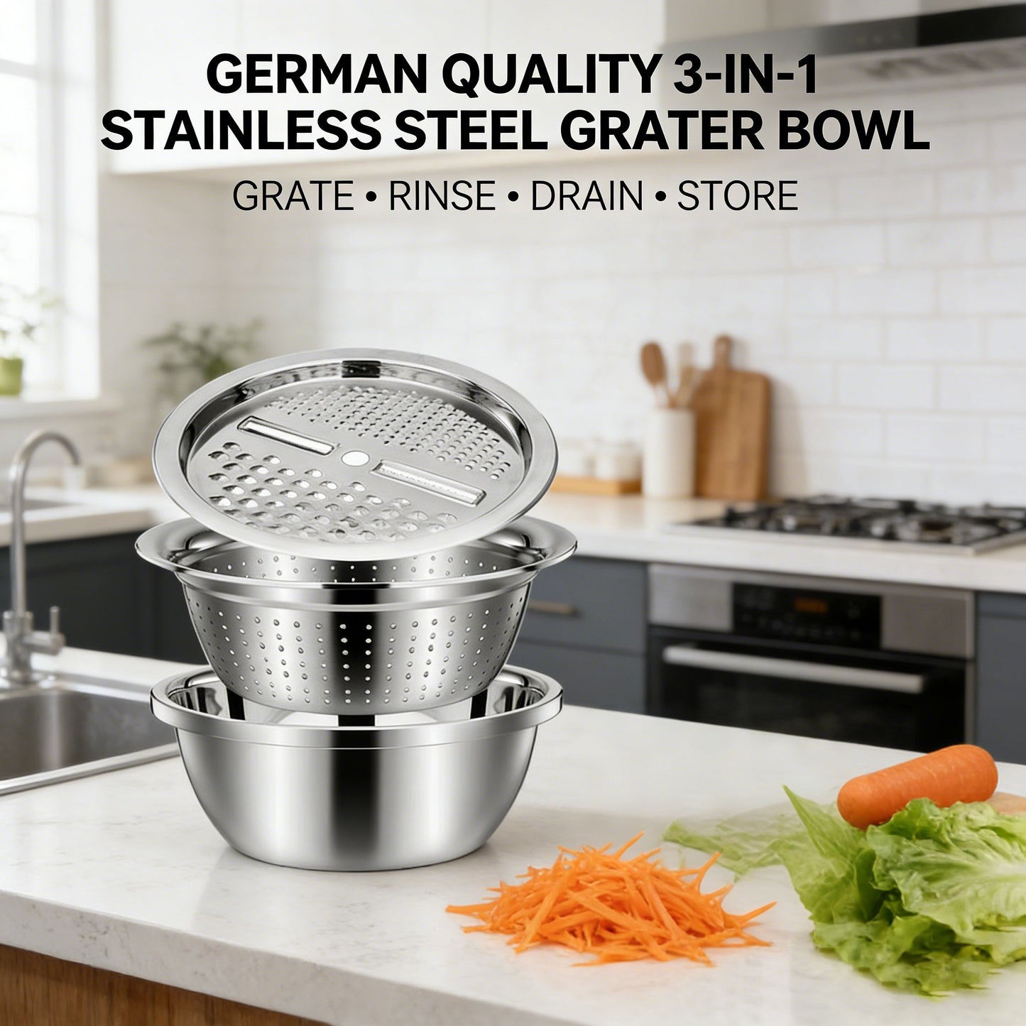 🍴 German Quality 3-in-1 Stainless Steel Grater Bowl