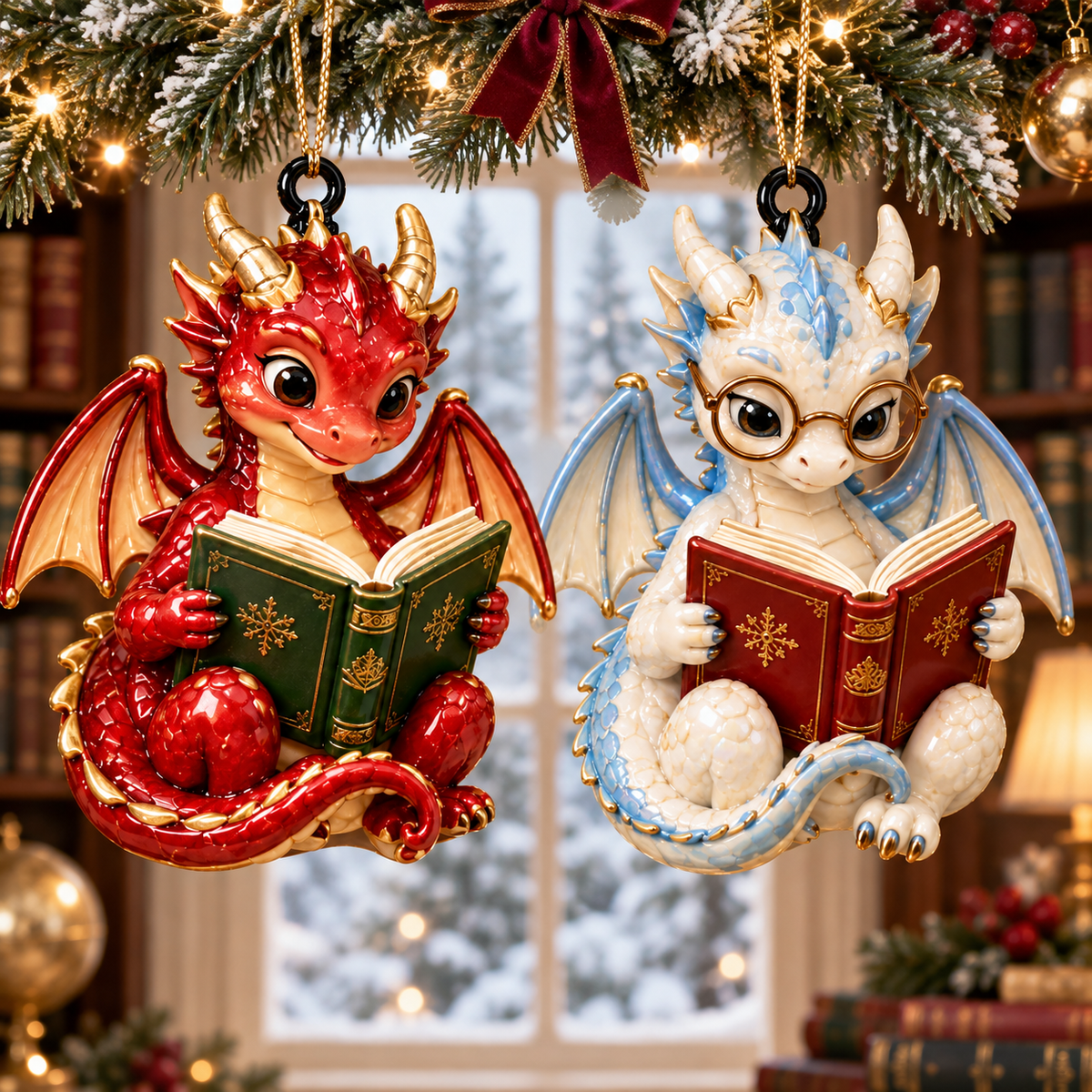 Bookish Dragons – 6-Piece Christmas Keepsake Ornament Set for Book Lovers