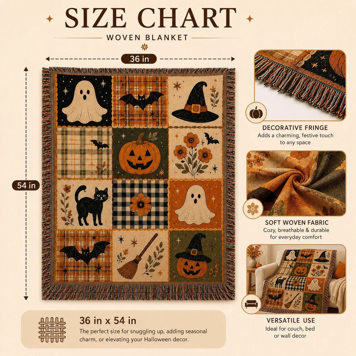 🎃 Vintage Halloween Jacquard Woven Throw Blanket with Fringe