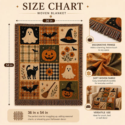 🎃 Vintage Halloween Jacquard Woven Throw Blanket with Fringe