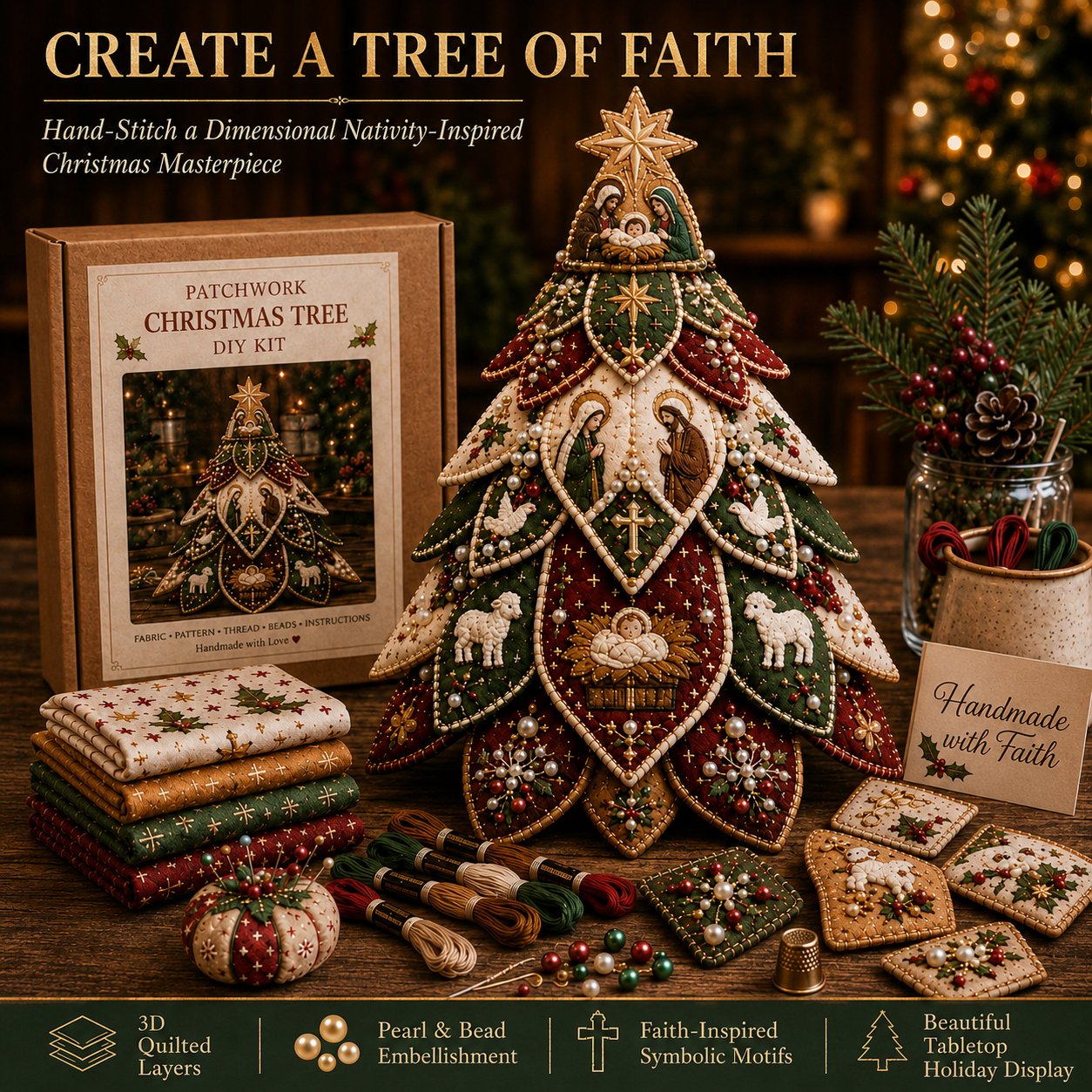 ✝️ Beginner-Friendly Tree of Faith 3D Quilted Christmas Tree Sewing Kit | Complete Kit with Coordinated Fabrics, Beads & Step-by-Step Guide Included 💕