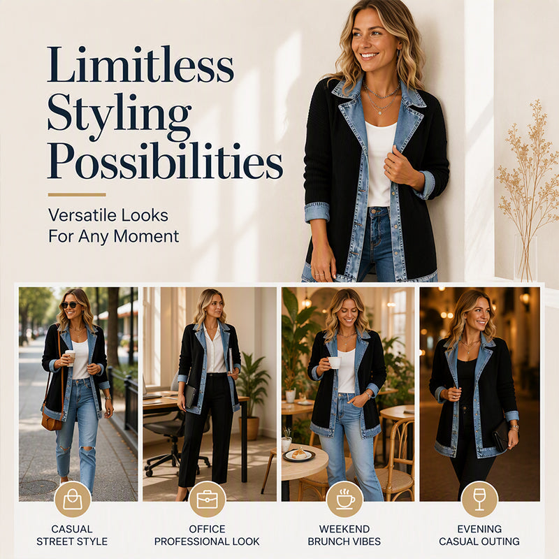 🍂Seasonal Style 49% Off🛍️Women’s Elegant Denim Spliced Ribbed Knit Coat
