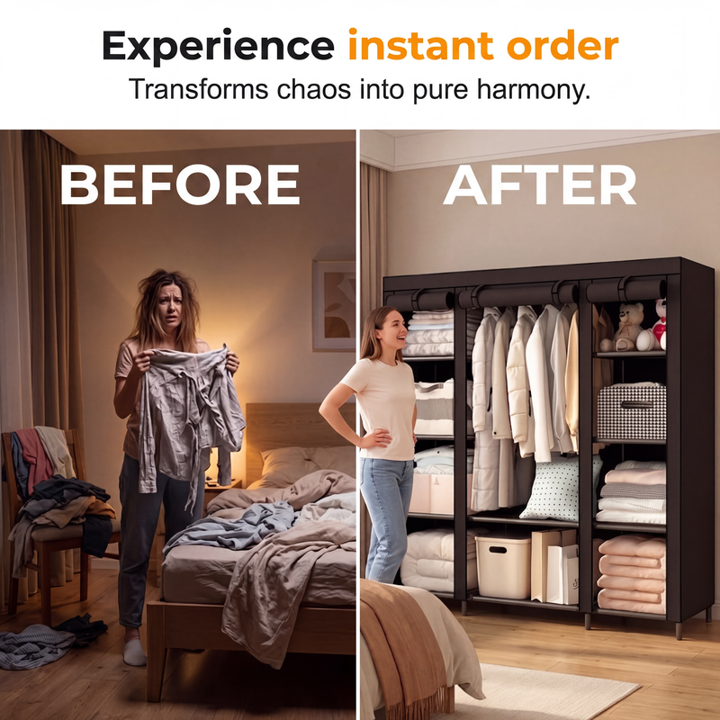 🧥49% OFF NOW! Easy‑to‑Assemble Portable Non‑Woven Fabric Wardrobe, Large‑Capacity Freestanding Closet, Sturdy Frame, Multi‑Compartment Storage for Clothes, Bedding & Household Items