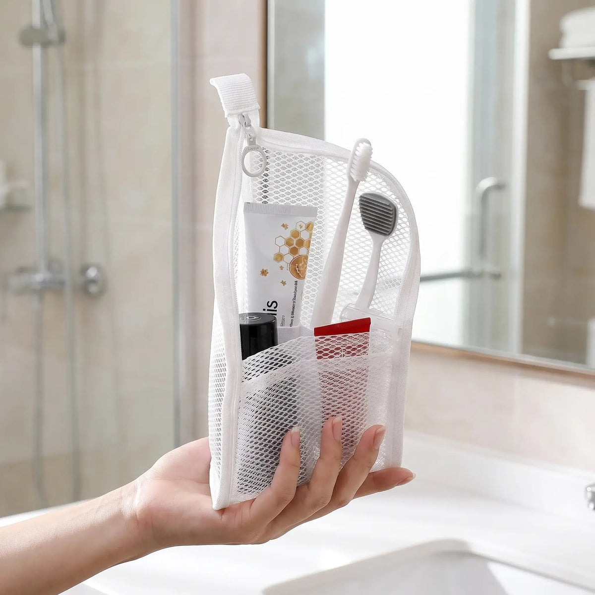 🎒Mesh Zipper Toiletry Storage Pouch - Multi-Pocket Travel Cosmetic Organizer Bag，22cm*13cm*13cm
