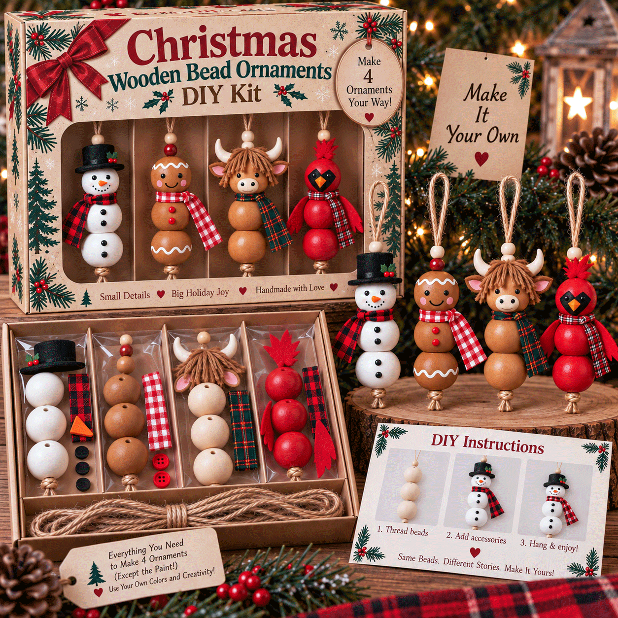 🎄 Christmas Wooden Bead Ornament DIY Kit – Set of 4