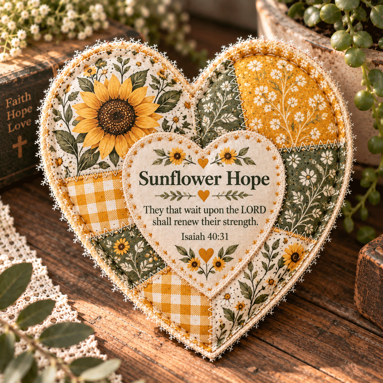 ❤️ Faith & Comfort Patchwork Heart Decor – Scripture-Inspired Keepsake