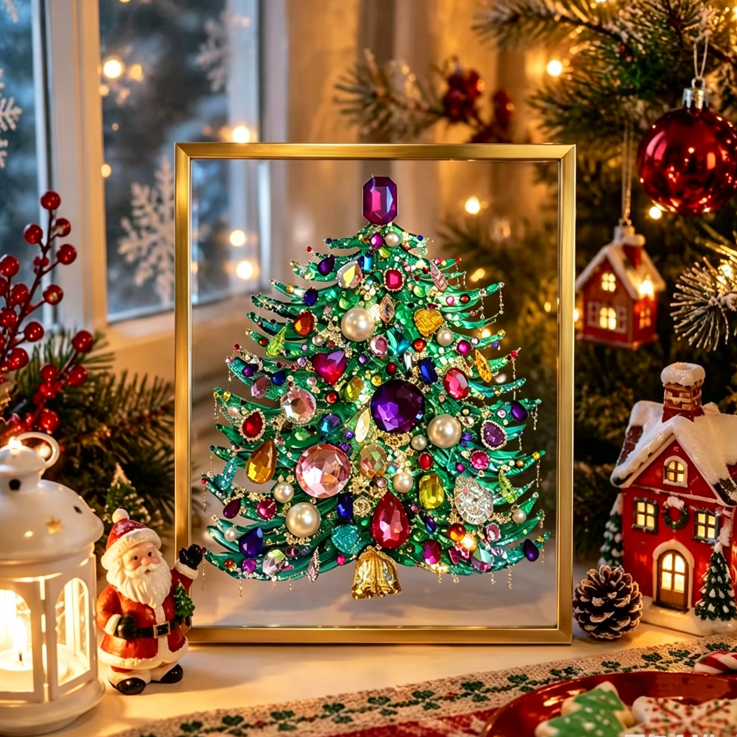 🎄 DIY Jeweled Christmas Tree Art Kit | Colorful Gems, Pearls, Paints & Gold-Tone Floating Display Frame 💎✨