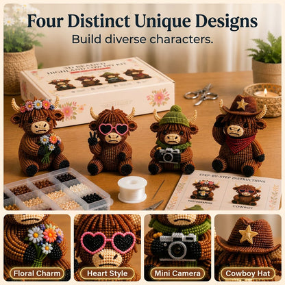 3D Highland Cow DIY Bead Kit – 4 Adorable Handmade Cow Designs Craft Set