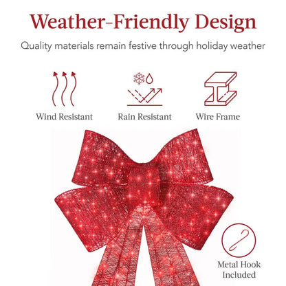 Pre-Lit Christmas Bow, Large Outdoor LED Lighted Holiday Décor w/ 8 Light Functions, Hook