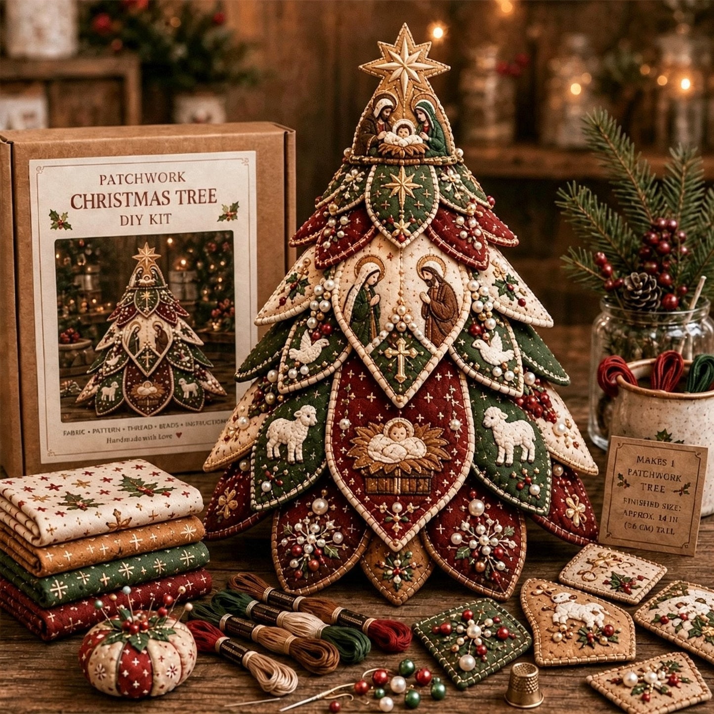 ✝️ Beginner-Friendly Tree of Faith 3D Quilted Christmas Tree Sewing Kit | Complete Kit with Coordinated Fabrics, Beads & Step-by-Step Guide Included 💕