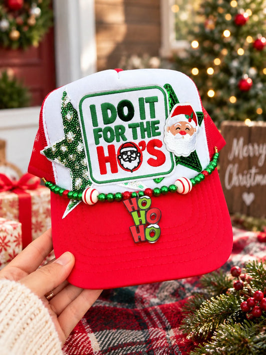 I Do It for the Ho’s Christmas Trucker Hat with Embroidered Patches & HO HO HO Hat Chain