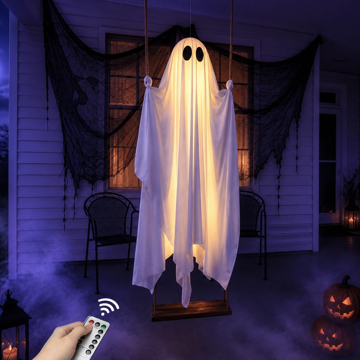 🎃5FT Halloween Decorations Outdoor - Large Hanging Ghost Swing with Remote Control String Lights & Upgraded Sheet, Scary Ghost Halloween Party Decor Outside for Tree Porch Yard Garden Lawn 👻✨
