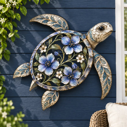🐢3D Sea Turtle Wall Sculpture — Enameled Floral Coastal Art with Textured Metal Scales | Indoor & Outdoor Ocean Decor for Porch, Patio & Garden