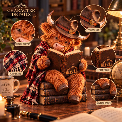 🐮Enchanted Highland Cow Reader Sculpture, Winter Tabletop Book Nook Decor🎄