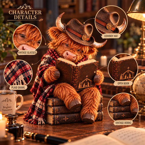 🐮Enchanted Highland Cow Reader Sculpture, Winter Tabletop Book Nook Decor🎄
