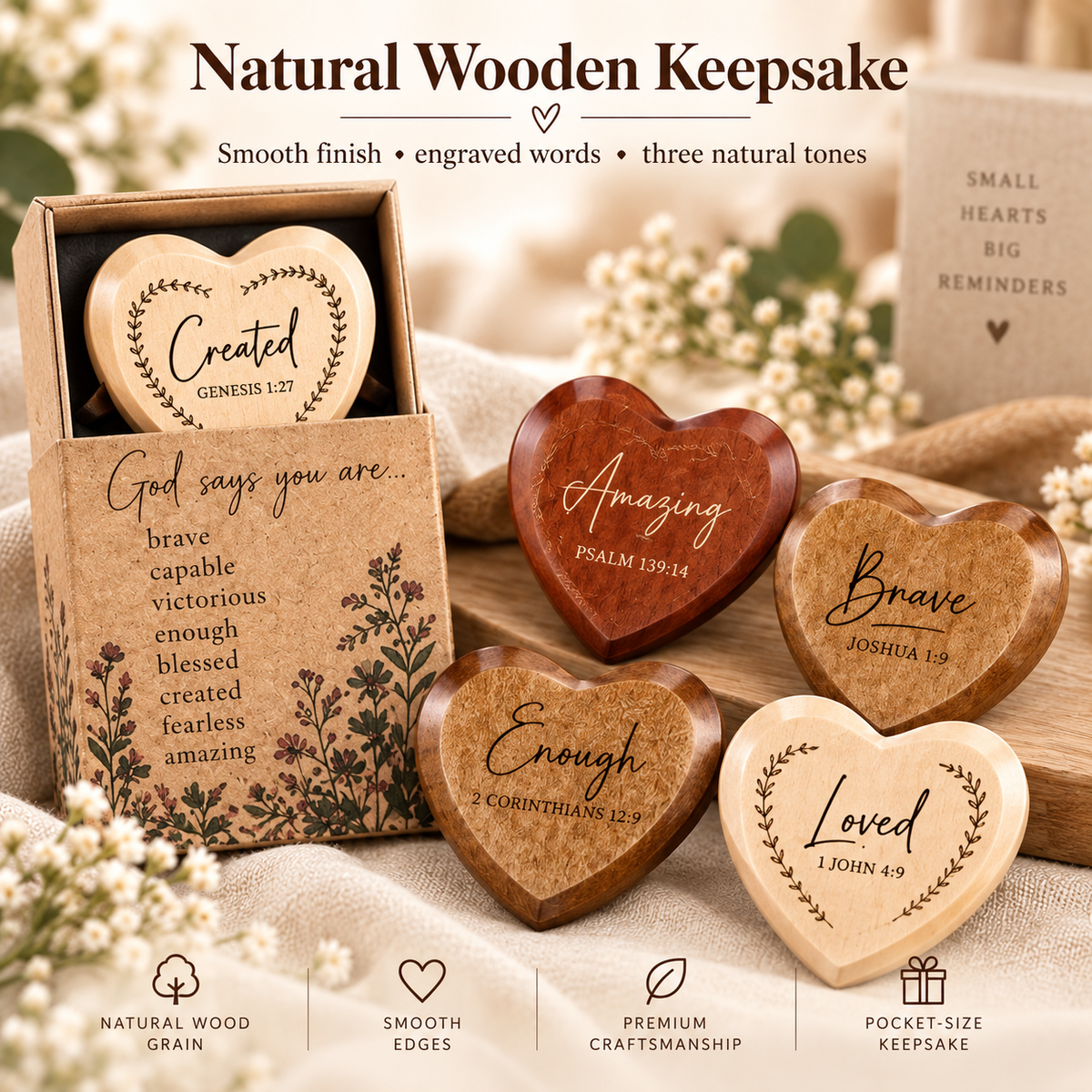 ✝️💛 God Says You Are – 24 Christian Wooden Heart Pocket Hug Gift Set