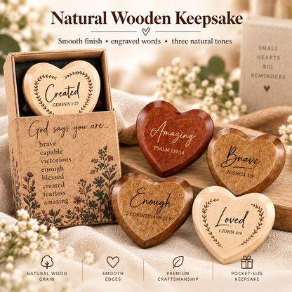 ✝️💛 God Says You Are – 24 Christian Wooden Heart Pocket Hug Gift Set