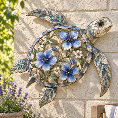 🐢3D Sea Turtle Wall Sculpture — Enameled Floral Coastal Art with Textured Metal Scales | Indoor & Outdoor Ocean Decor for Porch, Patio & Garden