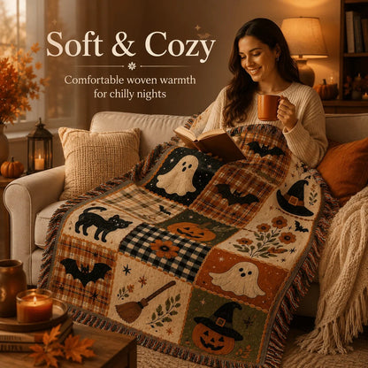 🎃 Vintage Halloween Jacquard Woven Throw Blanket with Fringe