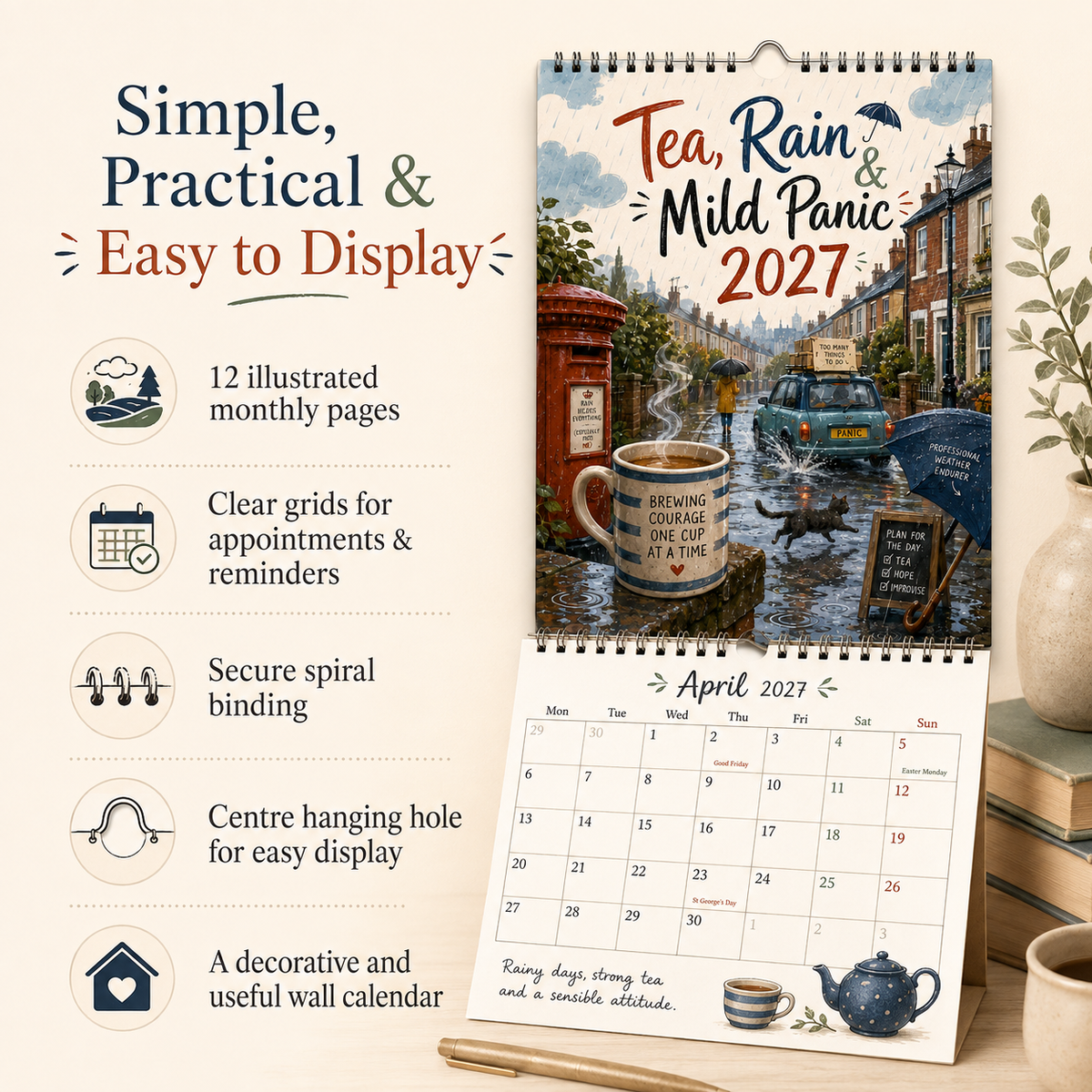 Tea, Rain & Mild Panic 2027 Wall Calendar