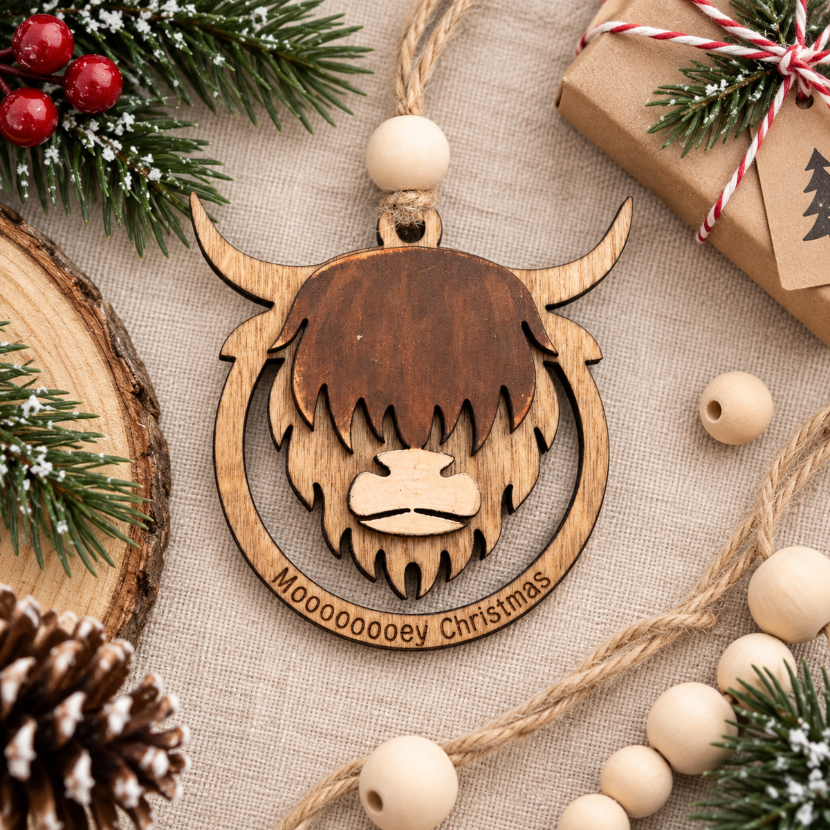 Highland Cow Wooden Christmas Ornament – Rustic Scottish Cow Tree Decoration | Funny Highland Cow Gift for Christmas