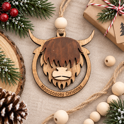 Highland Cow Wooden Christmas Ornament – Rustic Scottish Cow Tree Decoration | Funny Highland Cow Gift for Christmas