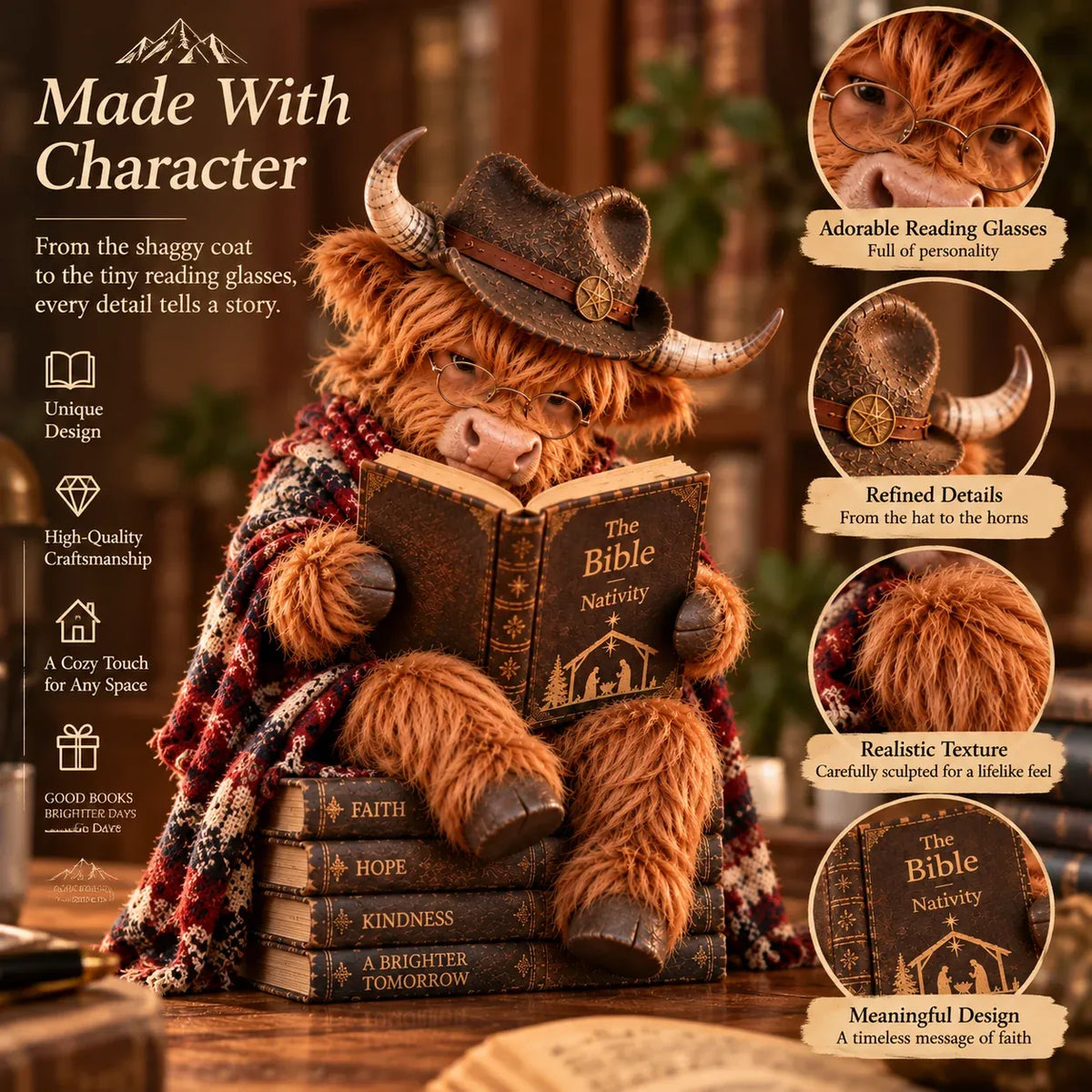 🔥⏳ Last Day 49% OFF – 🐮 Highland Cow Bible Nativity Figurine | Bookish Christmas Faith Décor for Shelves, Desks & Meaningful Gifts 🎄