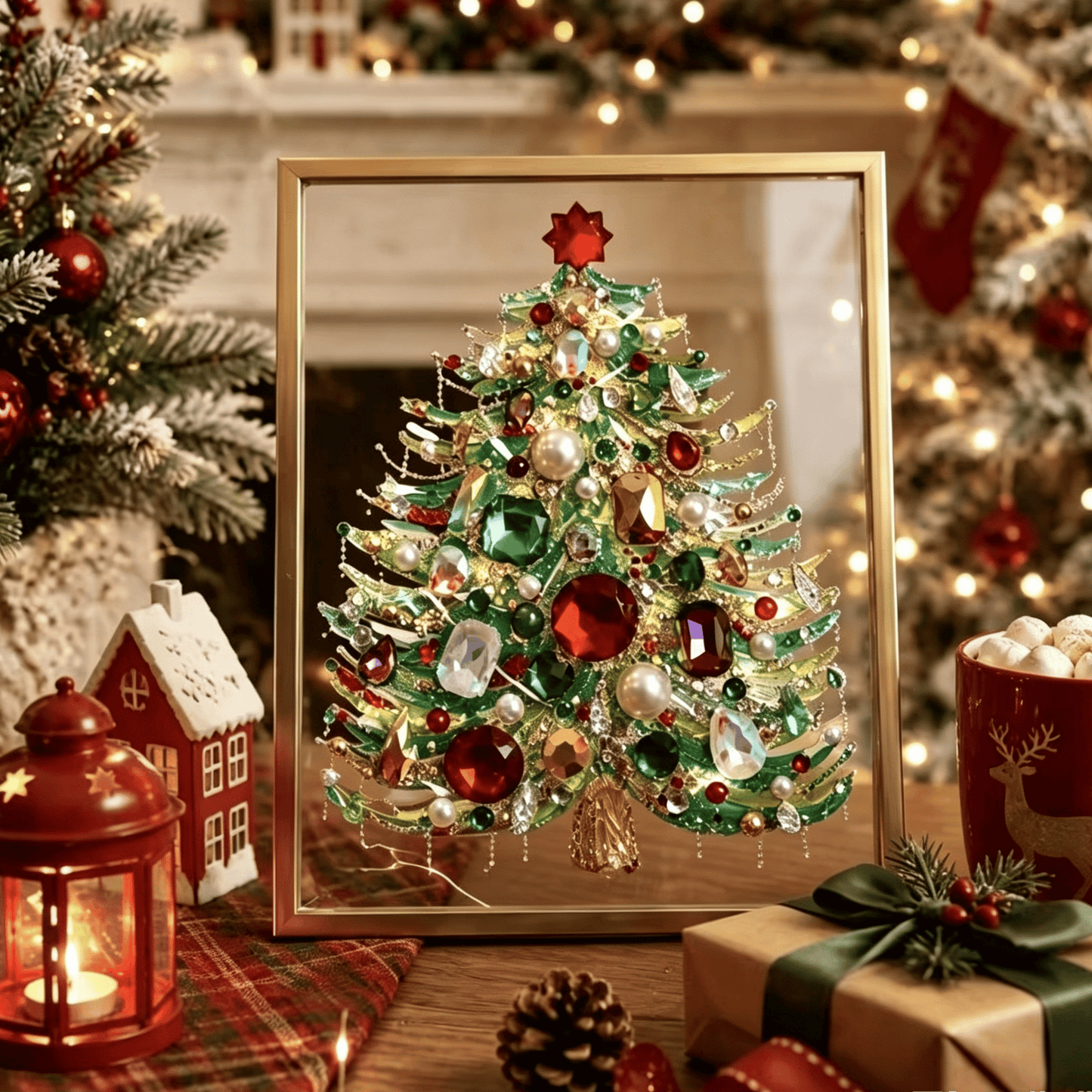 🎄 DIY Jeweled Christmas Tree Art Kit | Colorful Gems, Pearls, Paints & Gold-Tone Floating Display Frame 💎✨