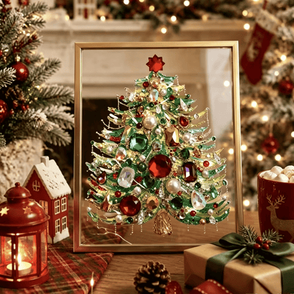 🎄 DIY Jeweled Christmas Tree Art Kit | Colorful Gems, Pearls, Paints & Gold-Tone Floating Display Frame 💎✨
