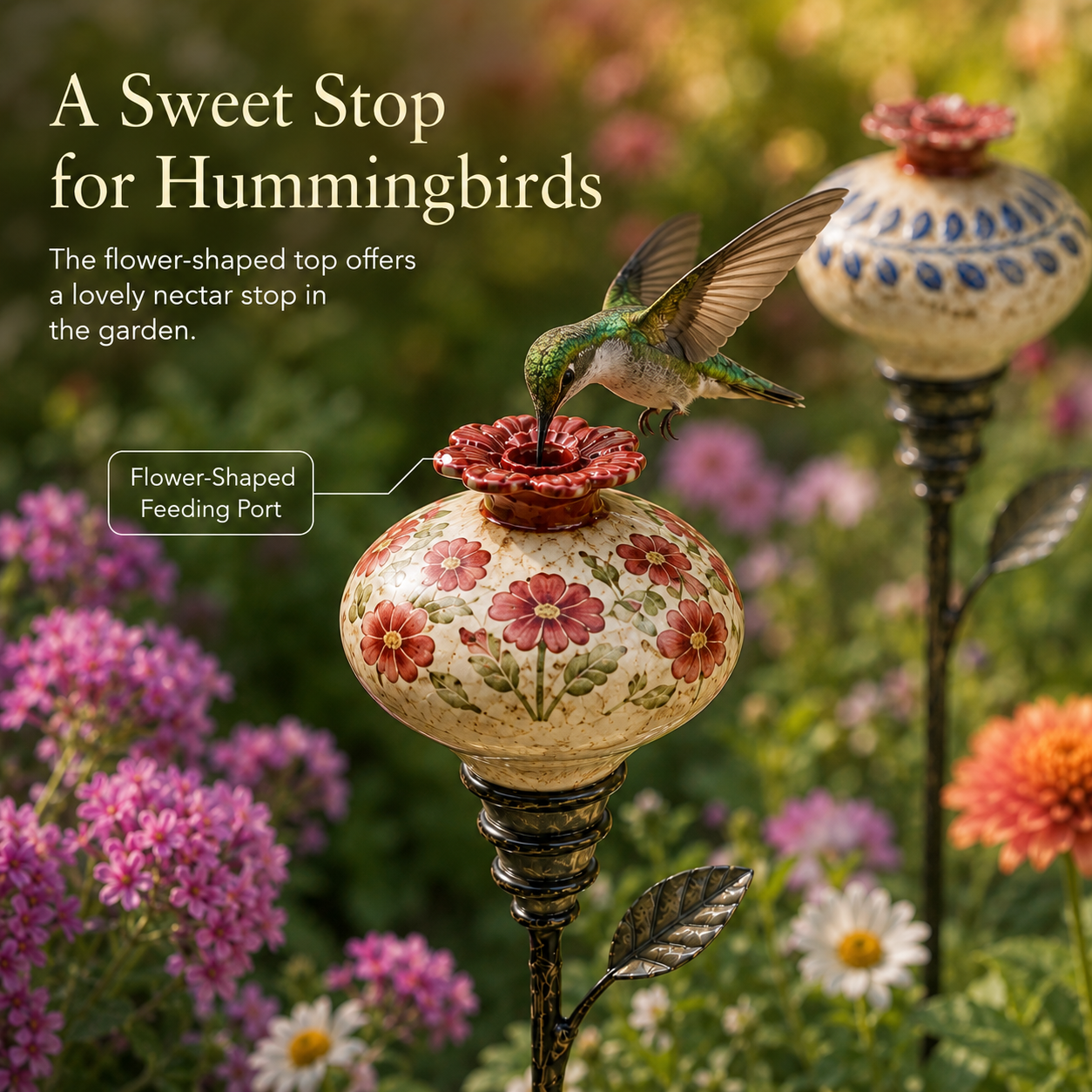 Vintage Ceramic Hummingbird Feeder Garden Stake