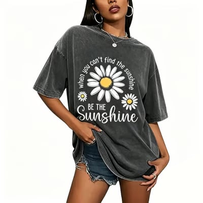 Women's Summer T-Shirt: Sunshine Graphic,solid colors, Double Stitching, Breathable, Loose Fit, Casual Basic Tee for Daily Wear💗