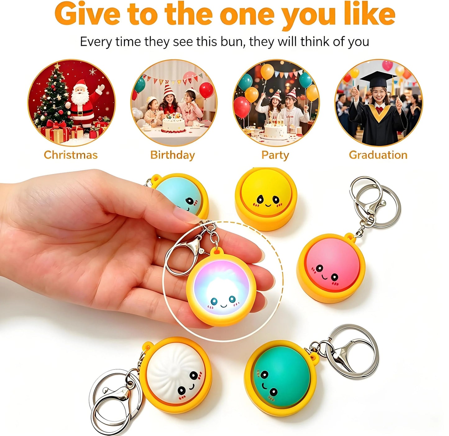🏆 Last Day Special Price £8.99 ! 🔥Buy 1 Get 1 Free🎁Cute Dumpling Pressable Fidget Keychain - touch sensing light