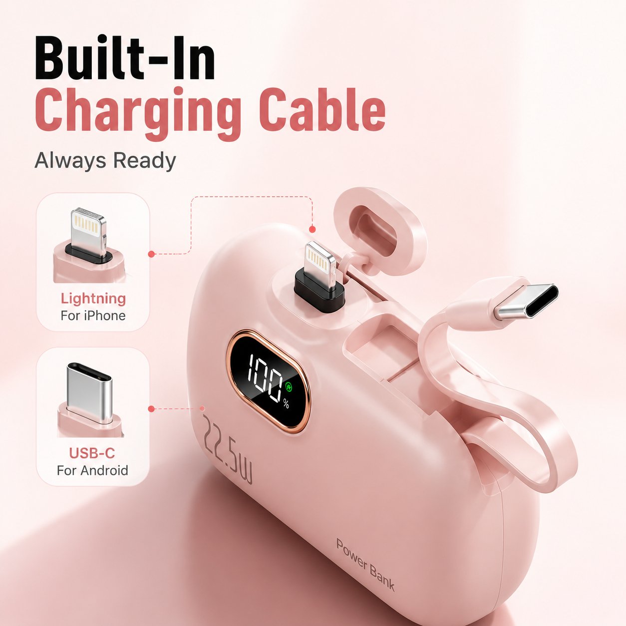 🔋⚡Pocket Power Bank With Built-In Cable - 22.5W Fast Charging