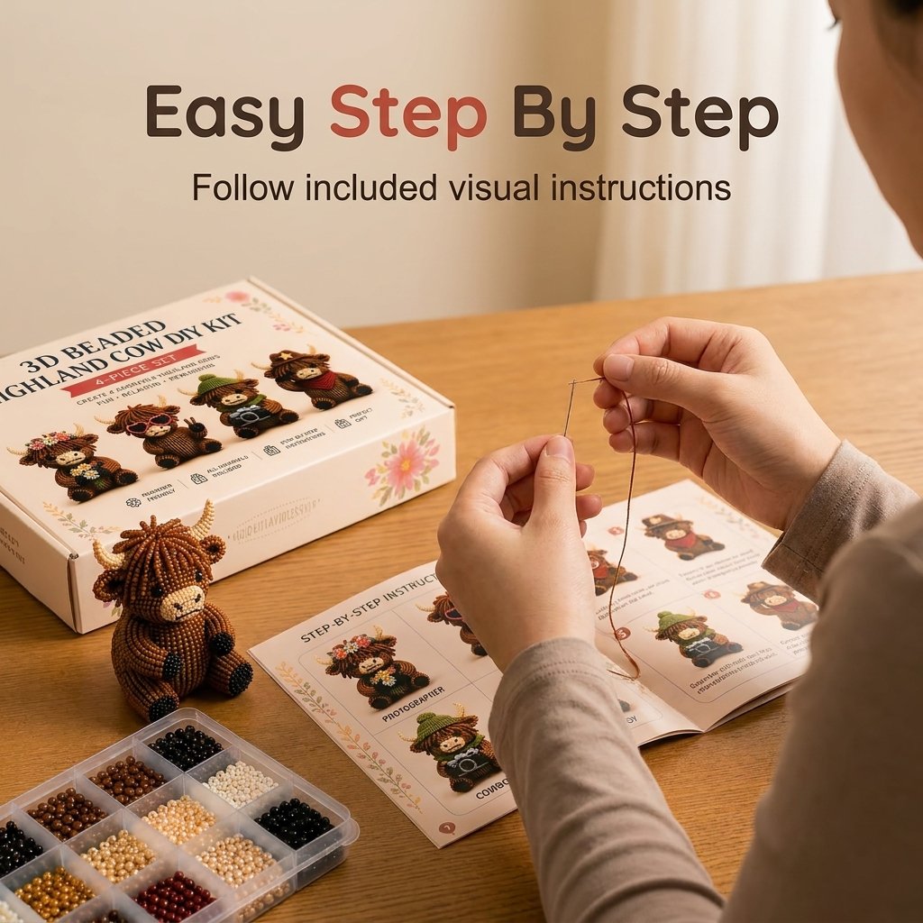 3D Highland Cow DIY Bead Kit – 4 Adorable Handmade Cow Designs Craft Set