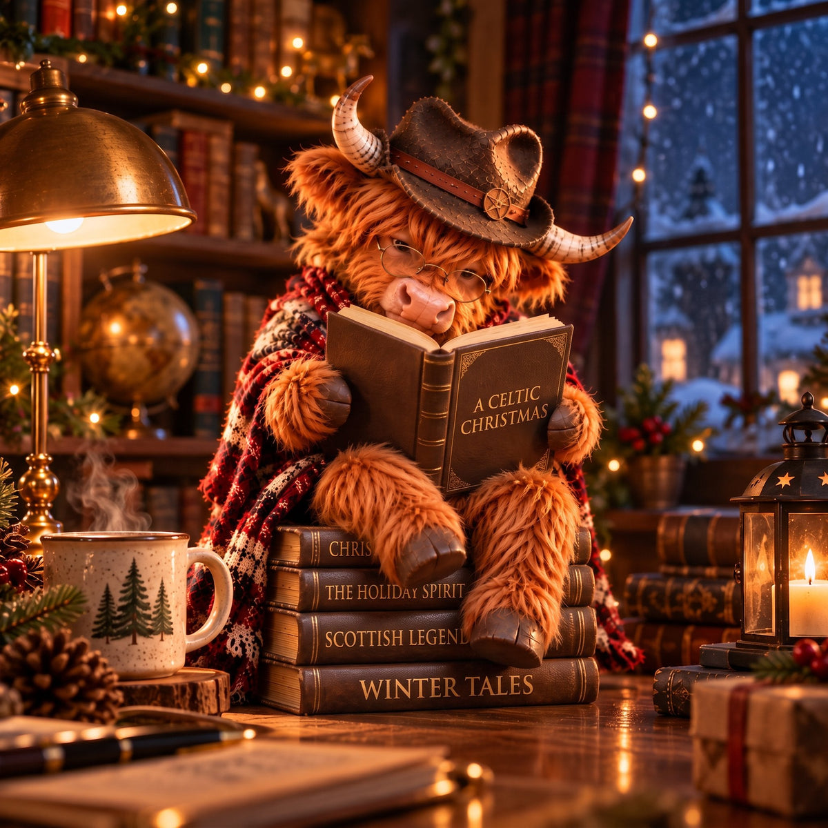 🐮Enchanted Highland Cow Reader Sculpture, Winter Tabletop Book Nook Decor🎄