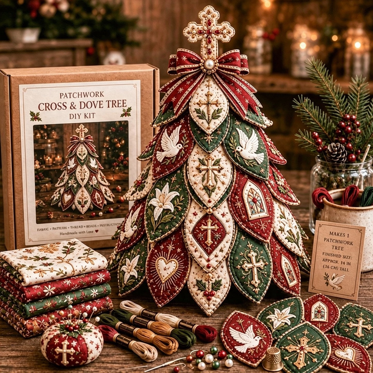 ✝️ Beginner-Friendly Tree of Faith 3D Quilted Christmas Tree Sewing Kit | Complete Kit with Coordinated Fabrics, Beads & Step-by-Step Guide Included 💕