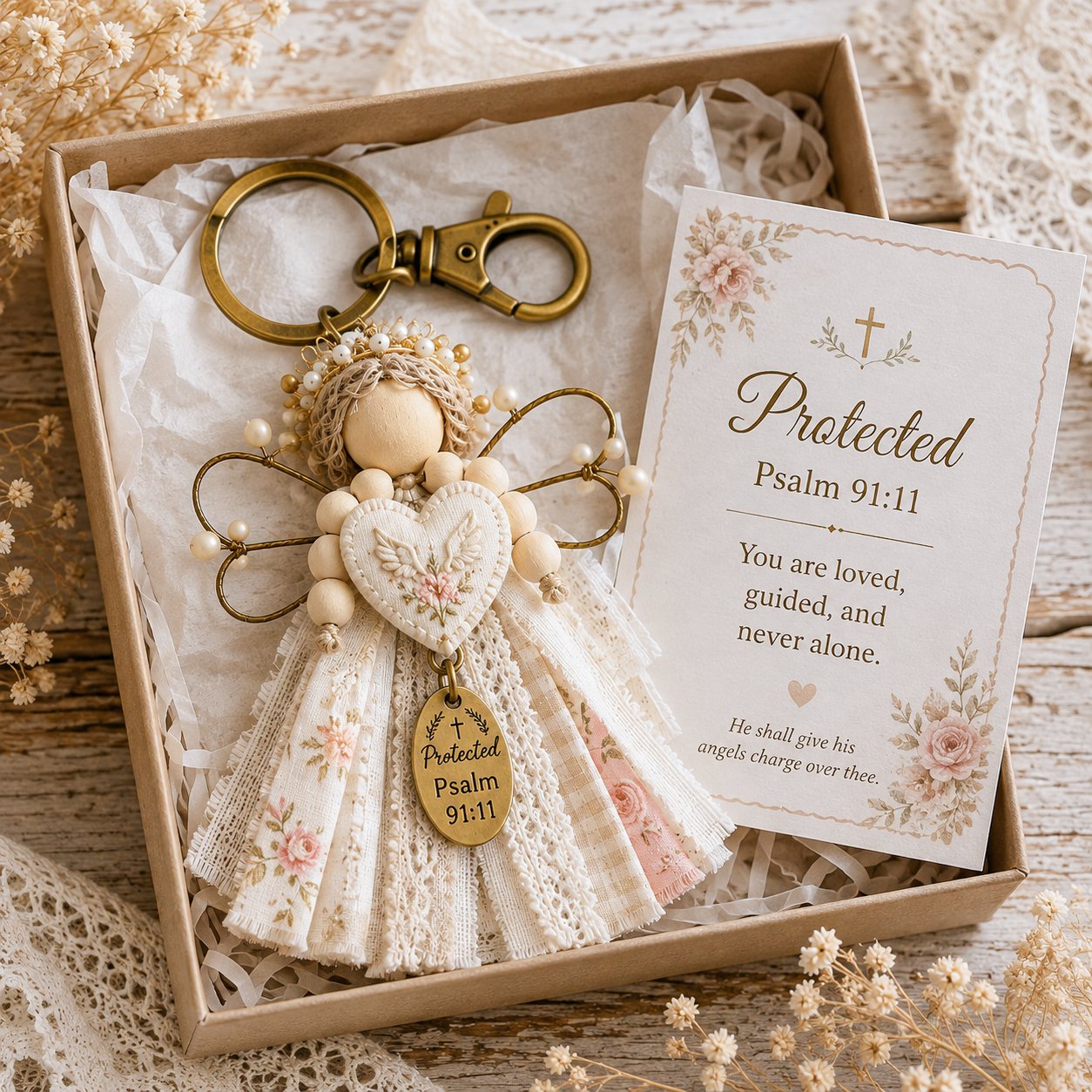 🪽 Faith Guardian Keychain Scripture Gift Set Collection | Layered Fabric Charm, Inspirational Scripture Card & Ready-to-Gift Box Included 💕