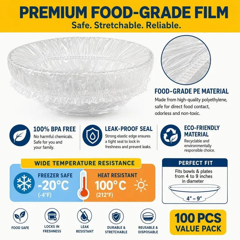 🔥100Pcs Medium Reusable Elastic Plastic Bowl Covers - Kitchen Bread Proofing,
