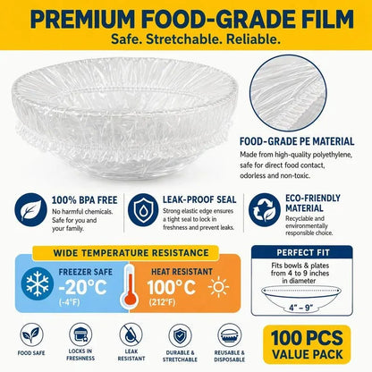 🔥100Pcs Medium Reusable Elastic Plastic Bowl Covers - Kitchen Bread Proofing,