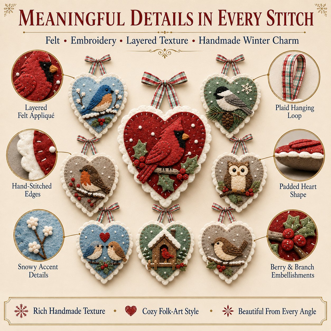 ⏳ Last Day 49% OFF – 🐦 Beginner-Friendly Winter Bird Felt Heart Ornament Sewing Kit Collection | Complete Kit with Pre-Cut Felt, Sewing Materials & Step-by-Step Guide Included 💕