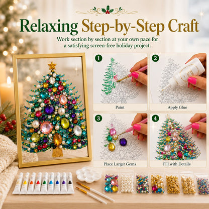 🎄 DIY Jeweled Christmas Tree Art Kit | Colorful Gems, Pearls, Paints & Gold-Tone Floating Display Frame 💎✨