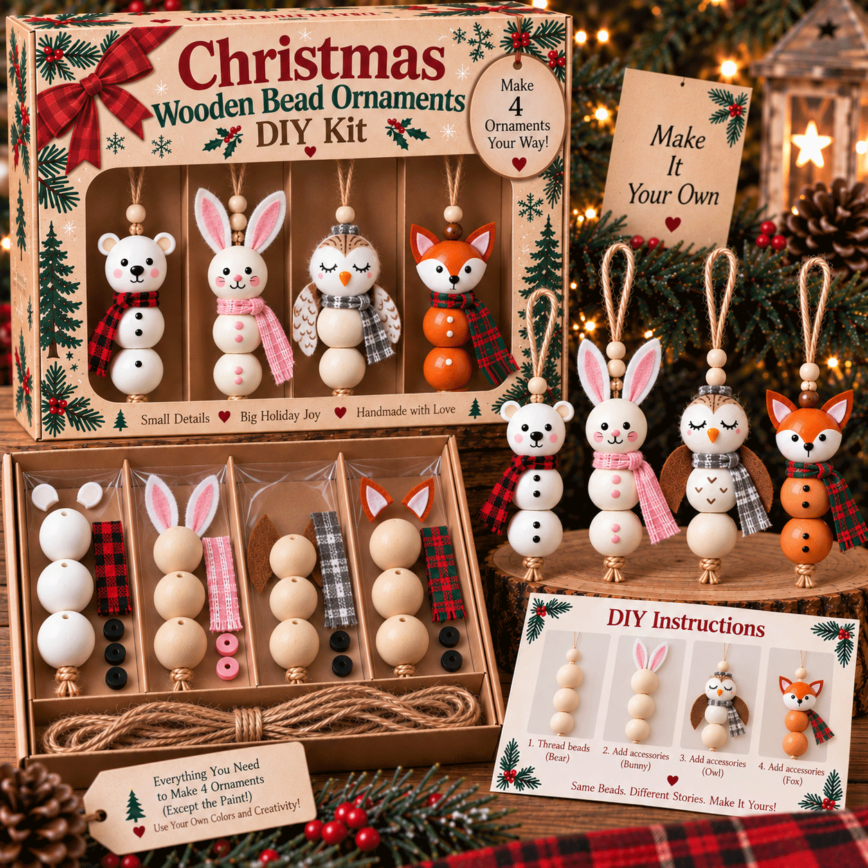 🎄 Christmas Wooden Bead Ornament DIY Kit – Set of 4