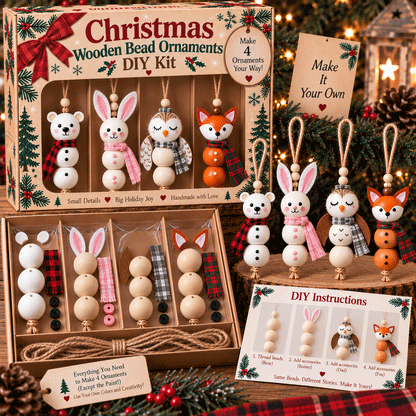 🎄 Christmas Wooden Bead Ornament DIY Kit – Set of 4